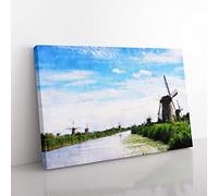 Windmills In Holland Painting Modern Art Canvas Wall Art Print Ready to Hang, Framed Picture for Living Room Bedroom Home Office Décor, 76x50 cm (30x20 Inch)