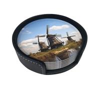 Windmills Leather Coasters for Drinks Round Coaster Set of 6 Drink Coasters Set with Holder Heat-Resistant Cup Mat for Tabletop Protection Tea Cup Coasters Home Decor