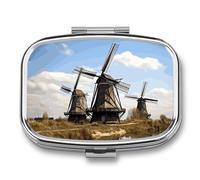 Windmills Pill Box 2 Compartment Square Pill Case with Mirror Metal Pill Organizer Travel Pillbox Mini Medicine Storage Box for Pocket Purse