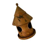 Window Accent Weathered Metal House Sculpture with Aged Finish, Birdhouse Shape, Round Openings, Cozy Cottage Touch for Indoor Outdoor Decor Weathered Metal Birdhouse Decor House Ornament Window Aged