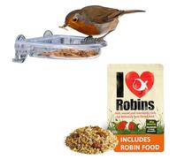 Window Bird Feeder with food- Jacobi Jayne® I Love Robins® TreatTray Feeder and Food - No Mess Stick on Window Bird Feeder - Small, Easy Clean