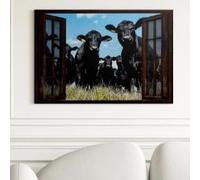 Window Black Cow Canvas Art Painting: Vintage Rustic Pastoral Print Posters Farmhouse Art Pictures Home Wall Decor Mural(30x40cm/Inner frame)