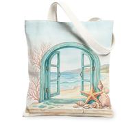 Window Canvas Tote Bag for Women, Summer Coastal Starfish Coral Summer Turquoise Washable Reusable Market Tote Bag for Shop, Turquoise, 13x15 Inch