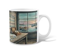 Window Ceramic Coffee Mug, Coastal Rustic Lighthouse Boats Summer Blue Novelty Tea Cup with Handle Ideal for Friendship Family Colleague Teachers Sweetheart Staff 11 Oz
