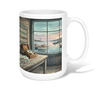 Window Ceramic Coffee Mug, Coastal Rustic Lighthouse Boats Summer Blue Novelty Tea Mug with Handle Ideal for Friendship Family Colleague Teachers Sweetheart Staff 15 Oz
