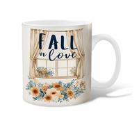 Window Ceramic Coffee Mug, Fall Cozy Flowers Curtains Fall Beige Novelty Work Drinking Mugs with Handle Gift for Friends Family Coworkers Teachers Couples Employees 11 Oz