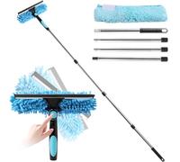 Window Cleaner with Long Handle, 2 in 1 window cleaning kit with Microfiber Cloth 270° Rotatable Telescopic Adjustable up to 64.96in, for Home Shower Car Upstairs Windows