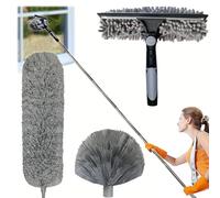 Window Cleaning Kit, 2-In-1 Telescopic Long Handle Squeegee Kit, Window Cleaning Equipment, with 2 Microfiber Cloth Squeegee Strips, for Indoor/Outdoor High Window Car Wall Home (4.25m grey)