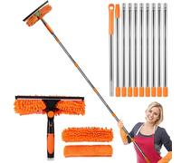 Window Cleaning Kit - 2 in1 Window Squeegee Cleaning Equipment, 4.25m (14ft) Extra Long Telescopic Glass Cleaner Tool with 10 Extension Pole and Spare Microfiber Cloth Squeegee Strips (Orange)