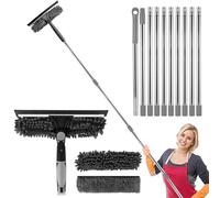 Window Cleaning Kit - 2 in1 Window Squeegee Cleaning Equipment, 4.25m (14ft) Extra Long Telescopic Glass Cleaner Tool with 10 Extension Pole and Spare Microfiber Cloth Squeegee Strips (Grey)
