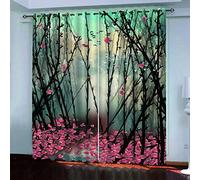 Window Curtains For Bedroom Living Room 3D Morning Mist Forest Fallen Leaves Printed Blackout Curtain 70x98Inch Print Drapes Set Of 2 Panels, Thermal Insulated Eyelet Drapes For Girls