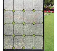 Window Film Privacy, Green Geometric Lattice Non Adhesive Self Static Clings Window Stickers, 3D Stained Glass Decorative for Bedroom Bathroom Living Room Office 17.5 * 118.1inch