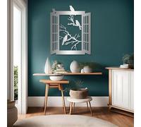 Window Frame Wall Decor, Metal Farmhouse Wall Art Bird Decor Tree Branch Art Nature Wall Ornament Rustic for Garden Bedroom Living Room Office Indoor Outdoor - Silver, 18.5x15.3 inch/47x39 cm