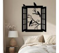 Window Frame Wall Decor, Metal Farmhouse Wall Art Bird Decor Tree Branch Art Nature Wall Ornament Rustic for Garden Bedroom Living Room Office Indoor Outdoor - Black, 41.3x34.1 inch/105x87 cm