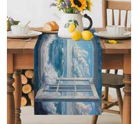 Window On The Ocean Table Runner 16x72 Inches Long Wave Cloud Cotton Linen Table Runner Burlap Style for Dinner Table Party Decor Tabletop Decorations