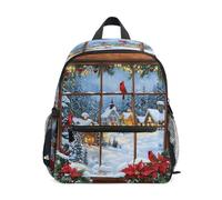 Window Poinsettia Cardinal Toddler Backpack, Boy Backpack Preschool Bag Kindergarten Schoolbag Nursery Travel Bag for Girl