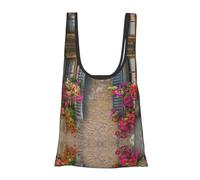 Window Red Flower Print Reusable, Foldable,Washable Grocery Bags Foldable in A Pouch Eco Tote Shopping Bag,Daily Shopping Loading