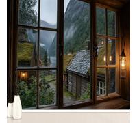 Window Scenery River Lake Large Mural Self Adhesive Wallpaper 256x350 cm, Forest View Nature Village Wallpaper, 3D Effect Wall Stickers Vinyl for Living Room, Kitchen Wall Art