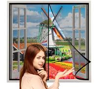 Window Screen-Magnetic Window Fly Screen 90x100cm Black with Full Frame Magic Tape and Closing Magnets-Mesh Fly Curtain Mosquito Net for Patio Balcony Living Room