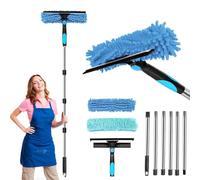 Window Squeegee Cleaning Equipment, 2 in 1 Window Cleaning Kit with 6 Extension Pole, 250cm Extendable Window Cleaner Tool with Spare Microfiber Cloth Squeegee Strips, for Shower Glass Car RV (Blue)