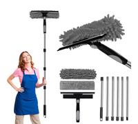 Window Squeegee Cleaning Equipment, 2 in 1 Window Cleaning Kit with 6 Extension Pole, 250cm Extendable Window Cleaner Tool with Spare Microfiber Cloth Squeegee Strips, for Shower Glass Car RV (Grey)