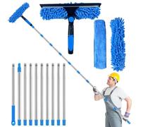 Window Squeegee Cleaning Equipment, 4.5M Extendable Window Cleaning Pole for Glass, Silicon Scraper and Microfiber Pad Combo, Professional Cleaner Kit for Indoor/Outdoor High Window Car Home (Blue)