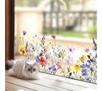 Window Stickers Spring Static Cling Window Film, Stain Glass Summer Window Film Self Adhesive for Glass Wall Frosted Bird Anti-collision, Vivid Flowers Removable Residue-free No Glue Double-side