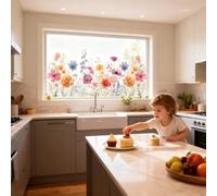 Window Stickers, Stained Glass Window Sticker, Window Stickers for Glass, Garden Flower Window Clings Spring Summer Wildflower Grass Decals Colorful Florals Static Clings for Home Doors & Windows