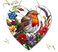 Window Sun Catcher - Large Heart-Shaped Robin Bird - Stained Glass Effect Acrylic Window Hanging - Colorful Bird Ornament for Home Garden Gift Decor (7.8" x 7.8")