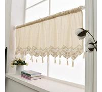 Window Valance Curtain Cotton Linen - Retro Rustic Farmhouse Country Half Curtain with Tassels, Handmade Crochet Kitchen Cafe Valance, 45x150cm, choicehot