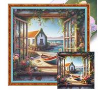 Window View-A Full 11CT DIY Stamped Cross Stitch Kits 40x40cm Embroidery Needlepoint Starter Kits for Beginners Adults Home Decor