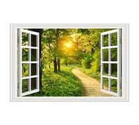 Window View Canvas Wall Art. Open Window View. Forest path in the countryside. Nature Landscape Print on Canvas. Morden Window Canvas Art Prints for Living Room. 70x105cm(27.6x41.3) Frameless