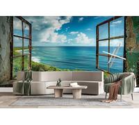Window View Caribbean Coast Cliffs 3D Photo Wallpaper Non-Woven Wall Mural Landscape Wall Mural Decoration Poste Premium Wallpaper Wall Art for Living Room Bedroom W250xH175 23f22