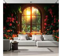 Window View Flowers Photo Wallpaper Nature Scenery 300x210 cm Modern Non-Woven Poster 3D Print Large Wall Mural Decoration for Living Room Bedroom Dining Room Wall Art H1219
