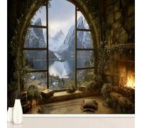 Window View Forest Mountain Wall Sticker, Lake Clouds Nature Landscape Murals Self Adhesive Photo, Optical Illusion Wallpaper PVC Murals for Bedroom, Living Room Wall Art 260x175 cm