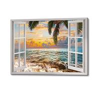 Window View Ocean Wall Art: Sunset Sea Waves Canvas Print Large Coastal Landscape Painting Tropical Island Artwork Modern Nature Beach Picture Relax Seascape for Office Living Room Bathroom