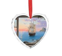 Window View of Sailing Sailboat Heart Ornament Xmas Tree Decoration - Elegant Valentine's Day Ornaments, Crystal Glass Heart Shaped Christmas Ornaments for Tree, Home & Gift Giving