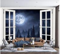 Window View Of Spruce Forest Wall Murals 400x280cm Mural Wallpaper Dark Realistic Night Scene Wall Art Large Format Digital Print for Bedroom Living Room Tv Background Wall Decoration, Charcoal Gray