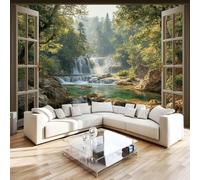 Window View Photo Wallpaper Forest Waterfall 150x105 cm Modern Non-Woven Poster 3D Print Large Wall Mural Decoration for Living Room Bedroom Dining Room Wall Art H1296