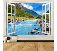 Window View Tapestry Wall Hanging Mountains Wall Tapestry Art Blanket Home Decor for Bedroom Living Room Dorm 300x200 cm B-1125