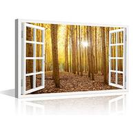 Window View Wall Art Decor Sunshine Sunlight Spring Autumn Forest Path Artwork Rustic House Decor Canvas Print for Home Living Room Dining Room Posters Stretched and Framed Ready to Hang - 24"W x 16"H
