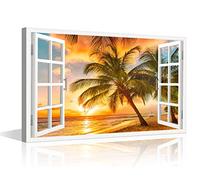 Window View Wall Art for Living Room Home Modern Decor Canvas Orange Tropical Ocean Pictures Scenery Poster House Decorations Artwork Paintings Framed Prints Stretched Ready to Hang - 36"W x 24"H