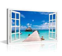 Window View Wall Decorations for Living Room Canvas Wall Art Pier to Tropical Island Vacation Getaway Outdoor Natural Scenery Canvas Wall Art Modern Home Decor Framed Ready to Hang (24"W x 16"H)