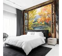 Window View Wallpaper for Living Room, Watercolor Chinoiserie Wall Mural for Bedroom 400x280 cm, Non-Woven Photo Wallpaper, Home Decor D&O100