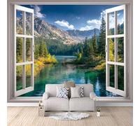 Window Wallpaper 300x256cm, Forest Lakes 3D Effect Photo Wallpaper,Mural Panoramic Non-Woven,for Living Room Bedroom Decoration, Easy to Install