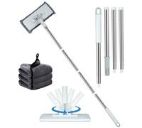 Window Washing Squeegee for Home & Wall Mop +Shiny Wipe Cleaning Cloth, 360°Rotating 4Ft Extension Pole Shower Doors Drying Tool with Reusable Microfiber Cloths for Window Car Glass Wall Floor Mirror