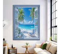 Windows Palm Trees Canvas Paintings on the Wall Art Posters and Prints, Beach Landscape Pictures Living Room Office Modern Home Decoration, 16x20in Artistic Canvas Print, Blue