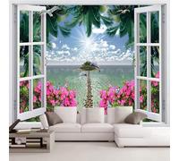 Windows Sea Dolphins Green Leaves Flowers Modern 3D Wallpaper Premium Textured Silk Neutral Tones Material Ideal for Living Room Bedroom-400cm×280cm