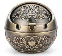 Windproof Bronze Metal Ashtrays with Lid, Fancy Desktop Smokeless Ashtray, Vintage Ball Cigar Ash Holder, Portable Cigarettes Ash Tray for Home Office Housewarming Gift (Antique Bronze)