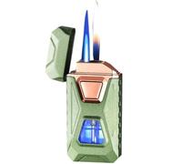Windproof butane lighter smart double flame lighter 4 induction ignition methods with visual window suitable for gifts(Green)